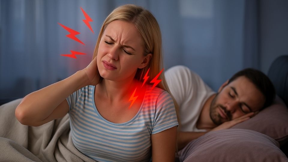 A person lying back with their neck supported by a cervical relief device