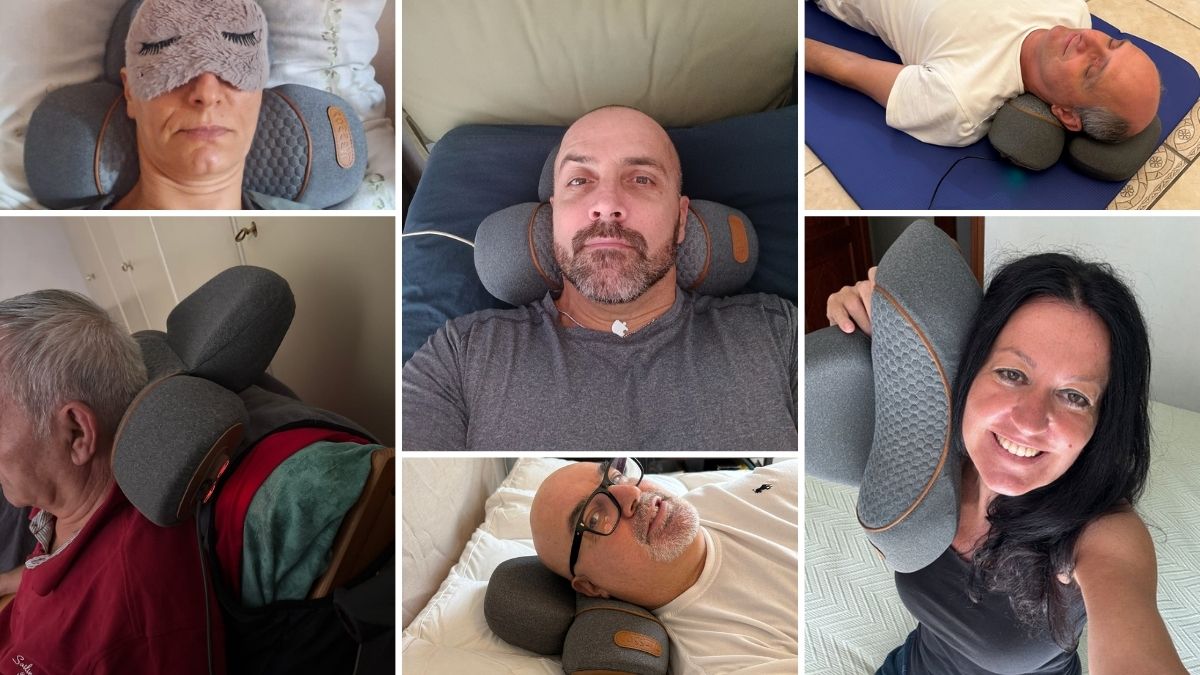 A collage of people using the FisioRest device at home